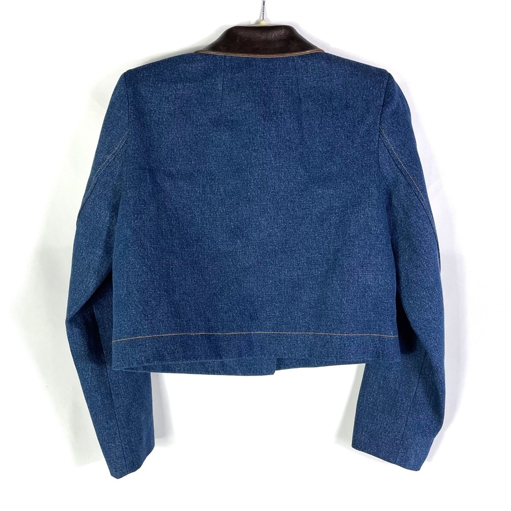 SANDRO Denim Jacket Leather Collar Cropped Button Front Blue Sz 40 FR / 8 US - Picture 12 of 16
